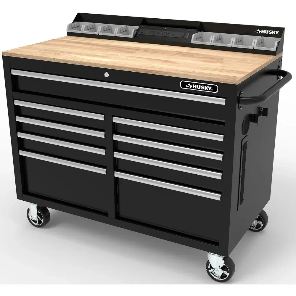 Husky Mobile Workbench With 9 Drawers, Hardwood Top And Power Connection, 117 cm W x 62 cm D – High-Gloss Black