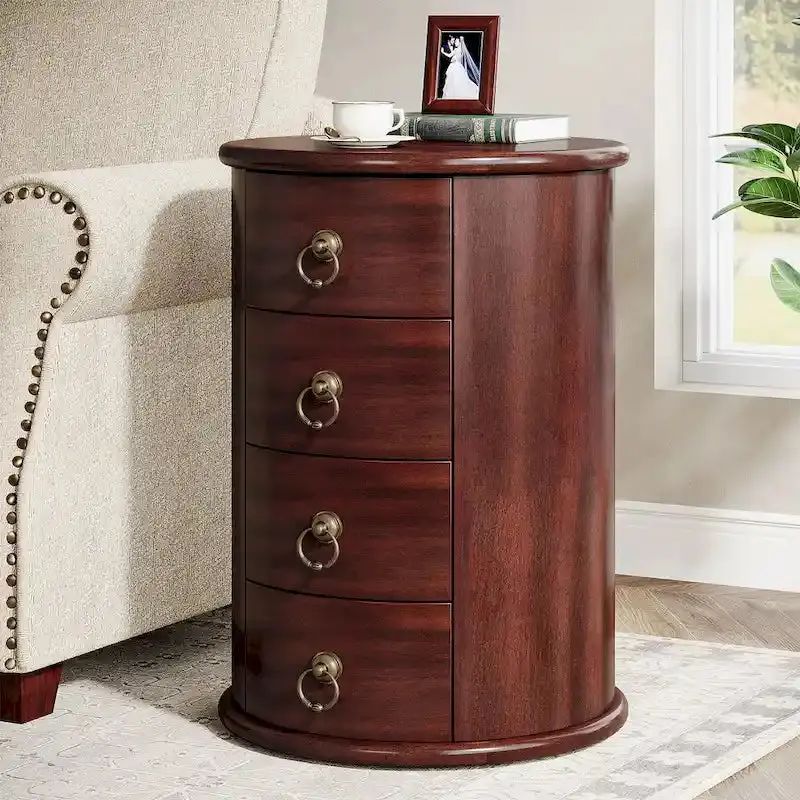 Round End Table With 4 Storage Drawers – 17.71 L x 17.71 W x 25.59 H