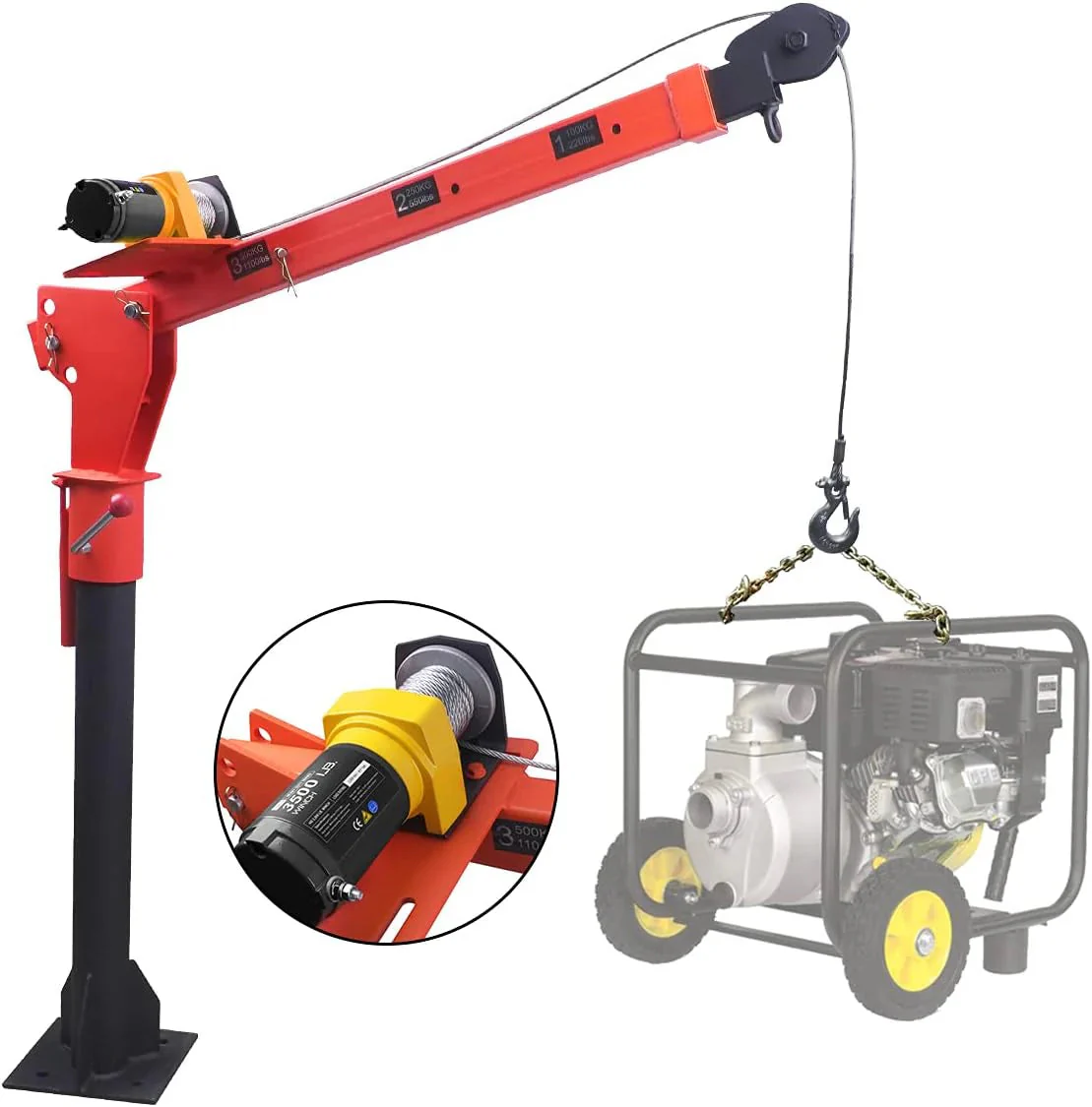 Pismire Folding Truck-Mounted Bed Crane Hoist, 1100 lb, 3500 lb 12V Electric Winch, Yellow Painted Steel – 3500lb