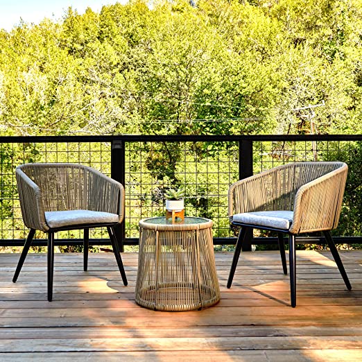East Oak 3-Piece Handwoven Wicker Patio Bistro Set With Cushions And Glass Table, 25 W x 24 D x 32 H