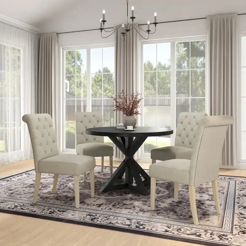 Rustic Wooden 5-Piece Dining Set With Round Cross-Buck Pedestal Table And 4 Tufted Upholstered Chairs – 47.25 x 47.25 x 31.50 in