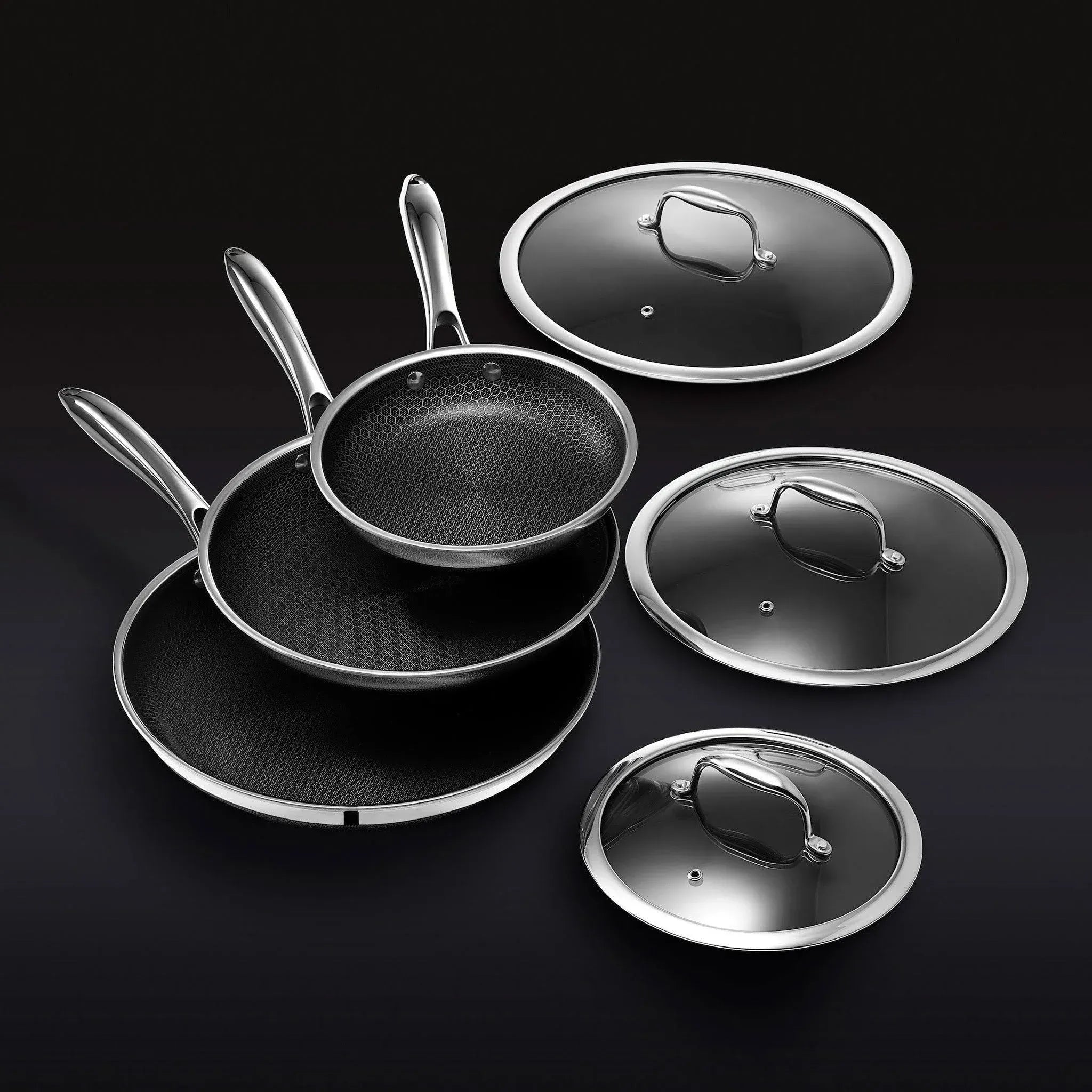 Hybrid Stainless Steel Pan Set With Glass Lids, 6-Piece, 8-Inch, 10-Inch And 12-Inch, Black