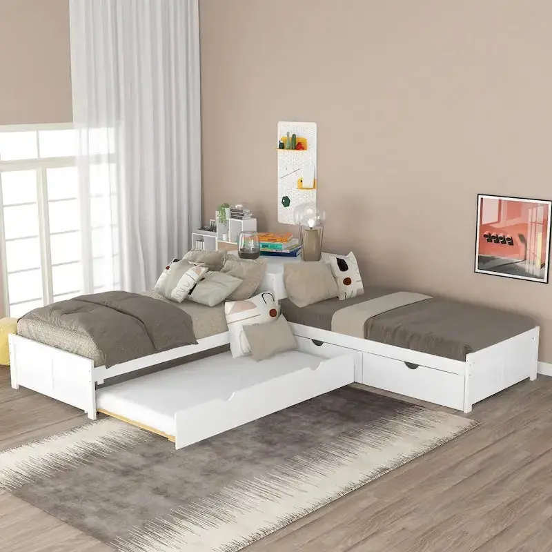 Modern White L-Shaped Twin Platform Bed With Built-In Trundle And Storage Drawers