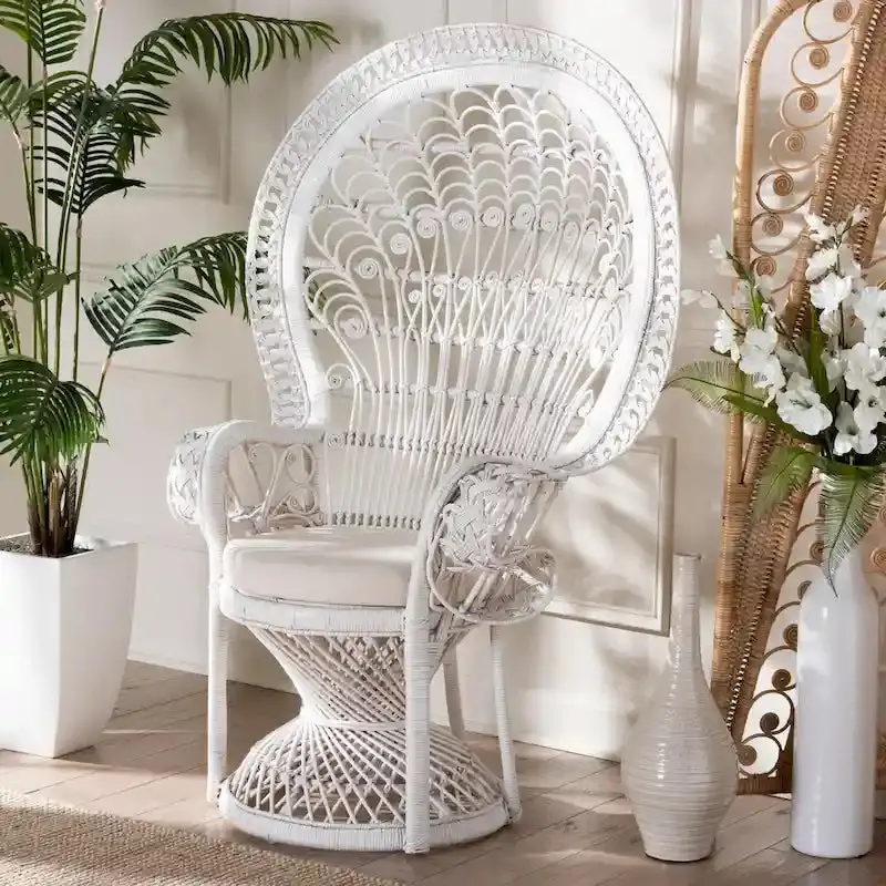 Kallima Bohemian Peacock Accent Chair, White Natural Rattan – 40.90 w x 29.50 d x 58.70 h