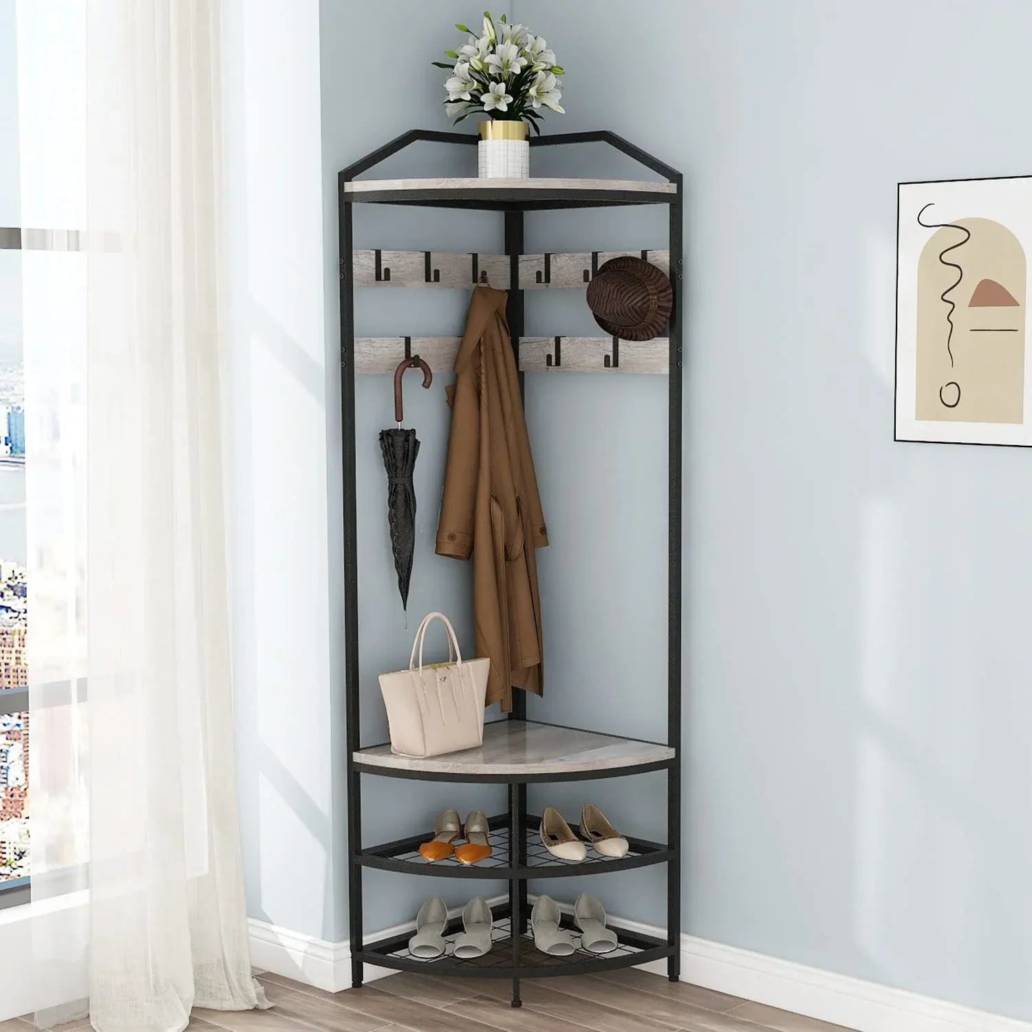 SQRTYVG Corner Hall Tree With Shoe Bench, 10 Movable Metal Hooks, Black – 71.3×18.1×18.1in