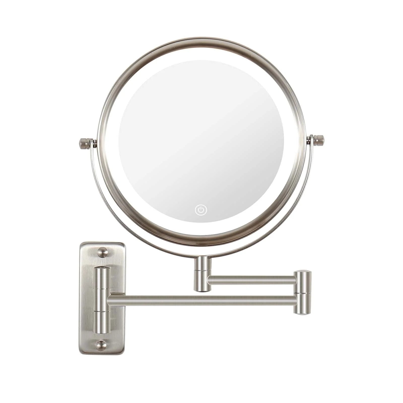 8 Inch Round Wall-Mounted Makeup Mirror, Rechargeable, 1X/10X Magnification, 3-Color LED Lights