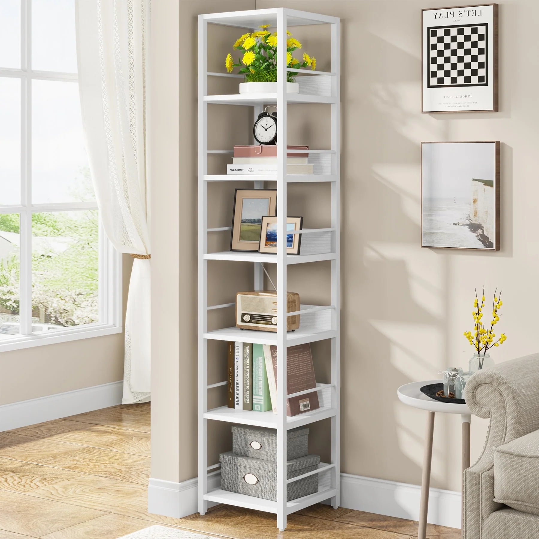 75 Inch Tall Narrow Corner Shelf, 6-Tier Etagere Storage Rack, 13.4 Inch W x 13.3 Inch D x 74.8 Inch H