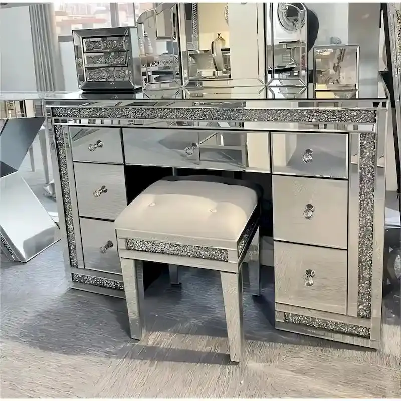 7-Drawer Crushed Diamond Mirrored Vanity Table With Dressing Mirror – 50 W x 37 H x 20 D