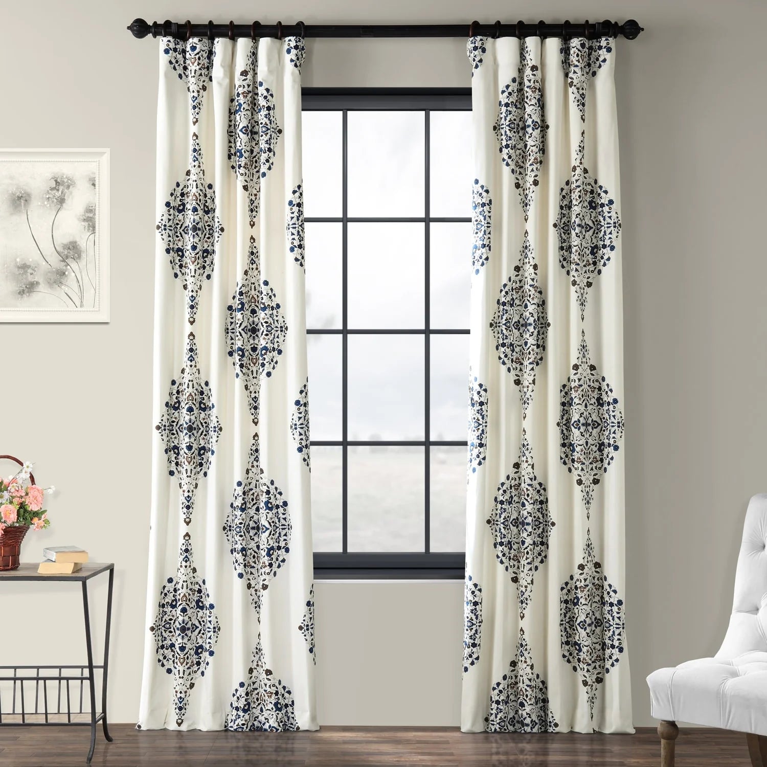 Medallion Damask Printed Cotton Room Darkening Curtain Panel, 1 Piece, 50 in W x 84/96/108/120 in L