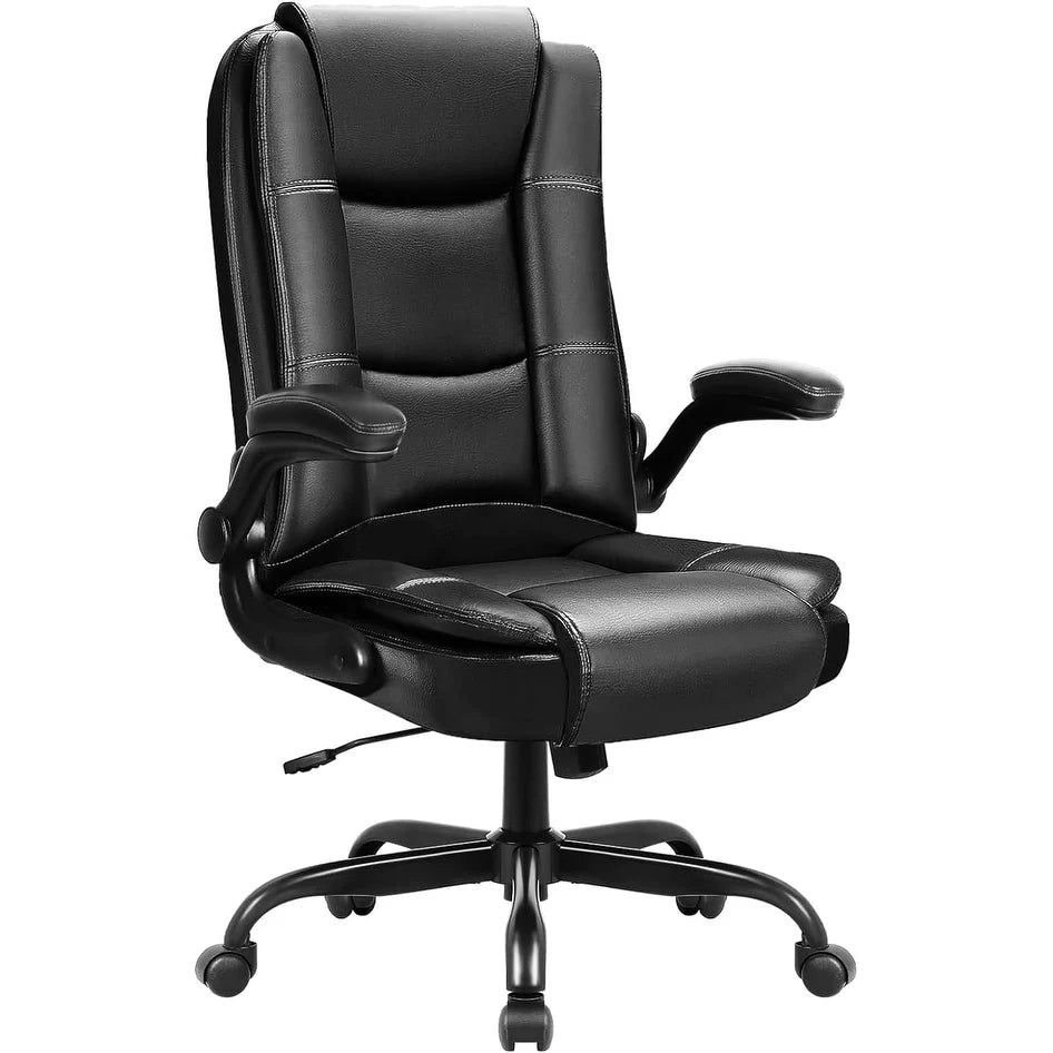 Big And Tall Ergonomic Office Chair, High Back Leather Executive Computer Chair With Padded Flip-Up Arms – 20.87in D x 27.3in W x 47.24in H