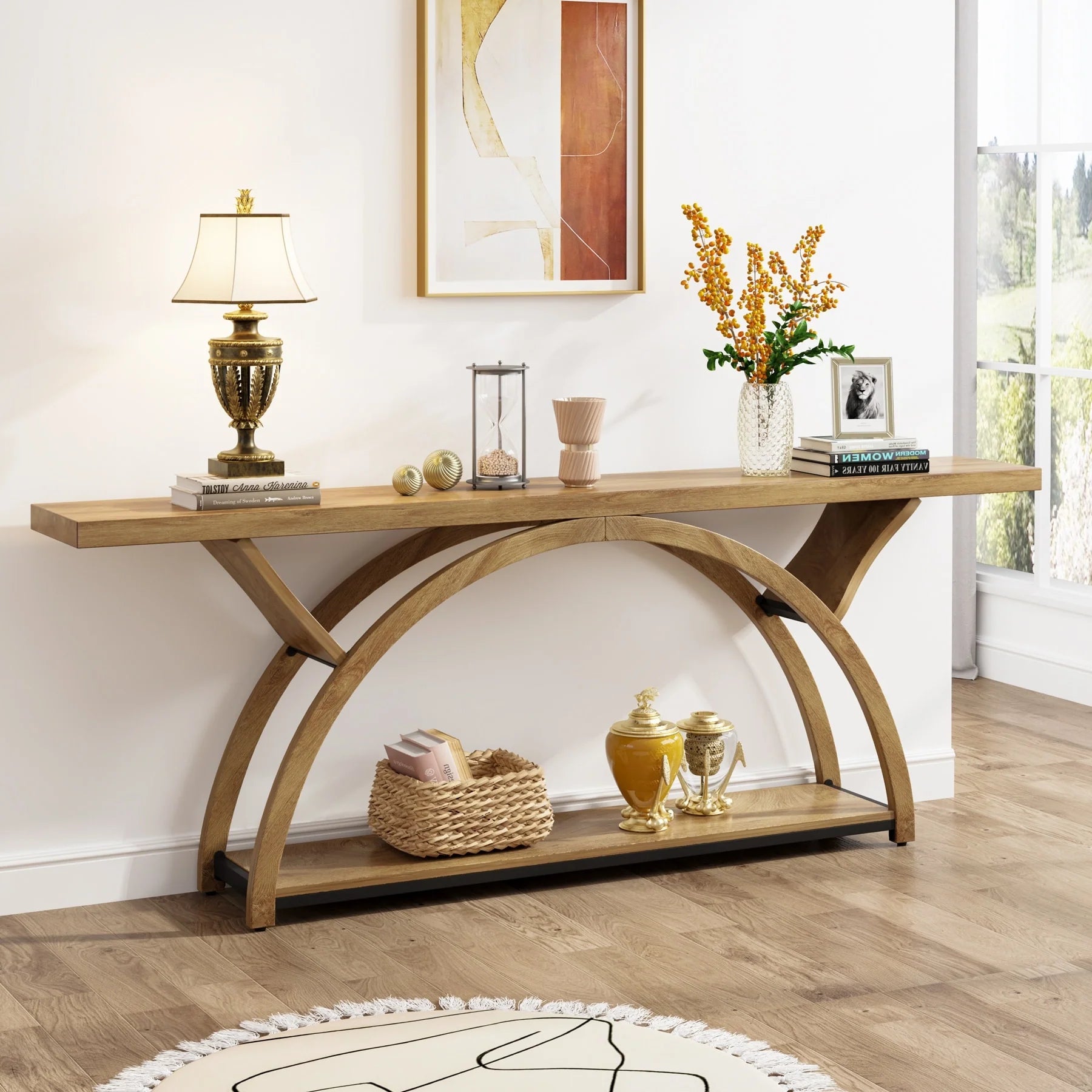 2-Tier Slim Console Sofa Table, Engineered Wood and Metal – 11.81 in D x 70.87 in W x 33.46 in H
