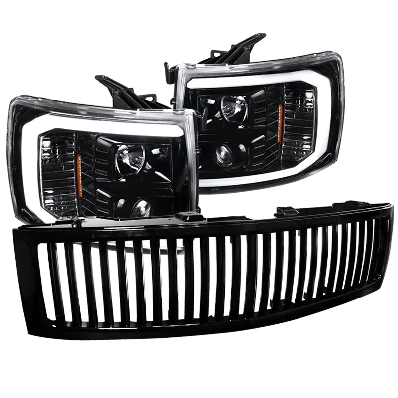 Spec-D Tuning LED Light Bar Projector Headlights and Vertical Grille, Jet Black/Clear, Left/Right Pair – 2007-2014 Chevrolet Silverado