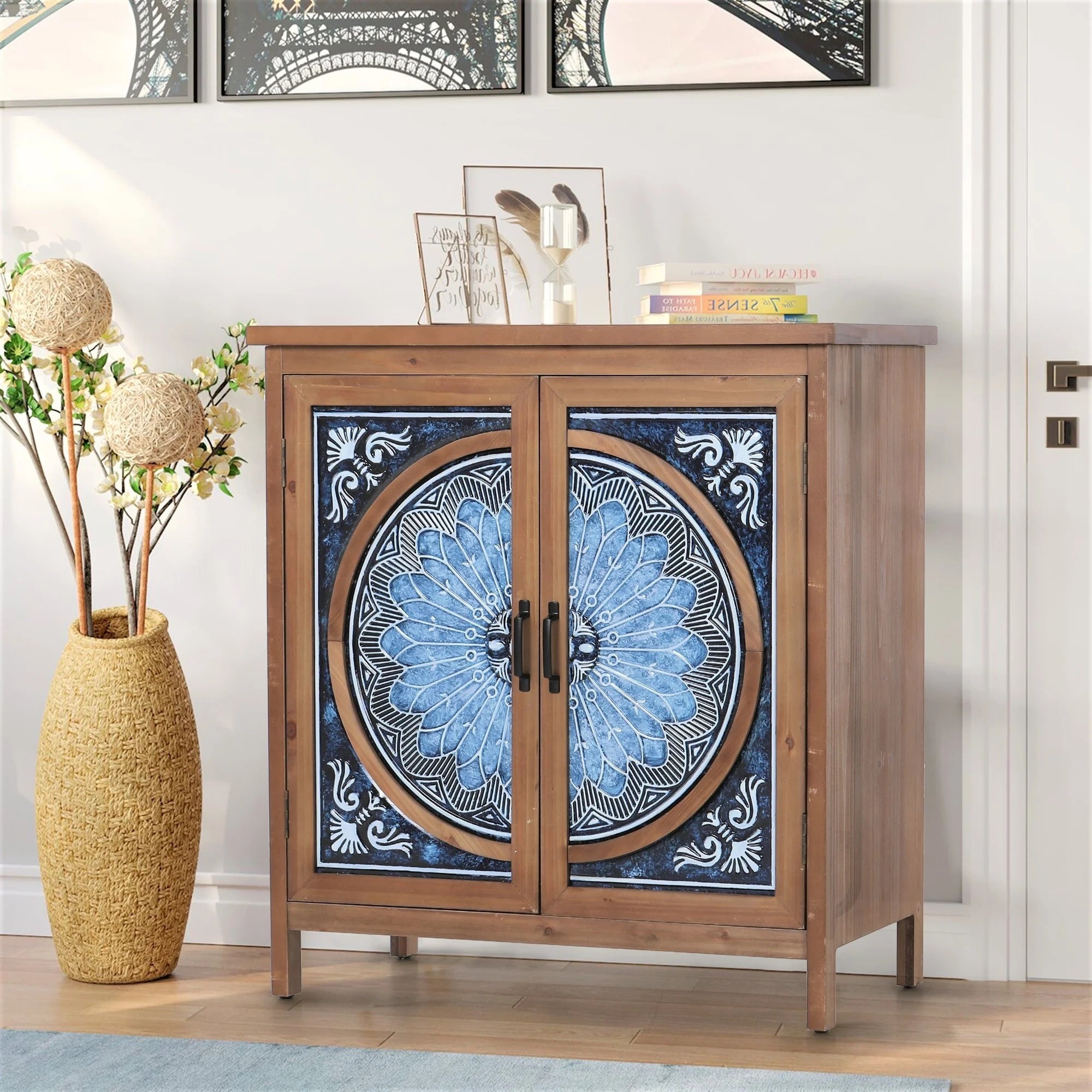 Vintage Storage Accent Cabinet With Drawers, Blue And White, 32 in L x 14.96 in W x 33.66 in H