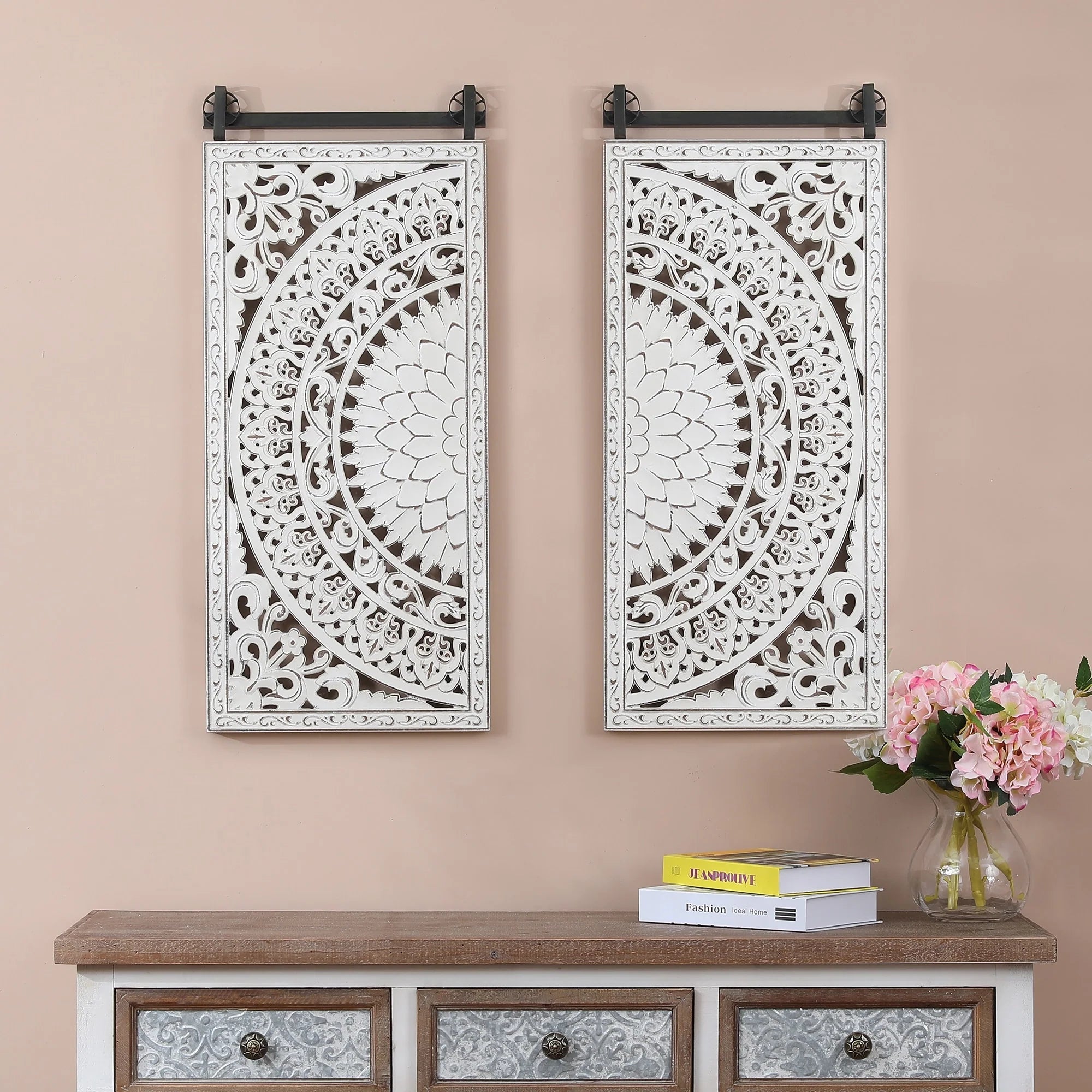 Set Of 2 Distressed Ivory White Wood Flower Wall Art With Black Accents – 33.1in H x 14.6in W
