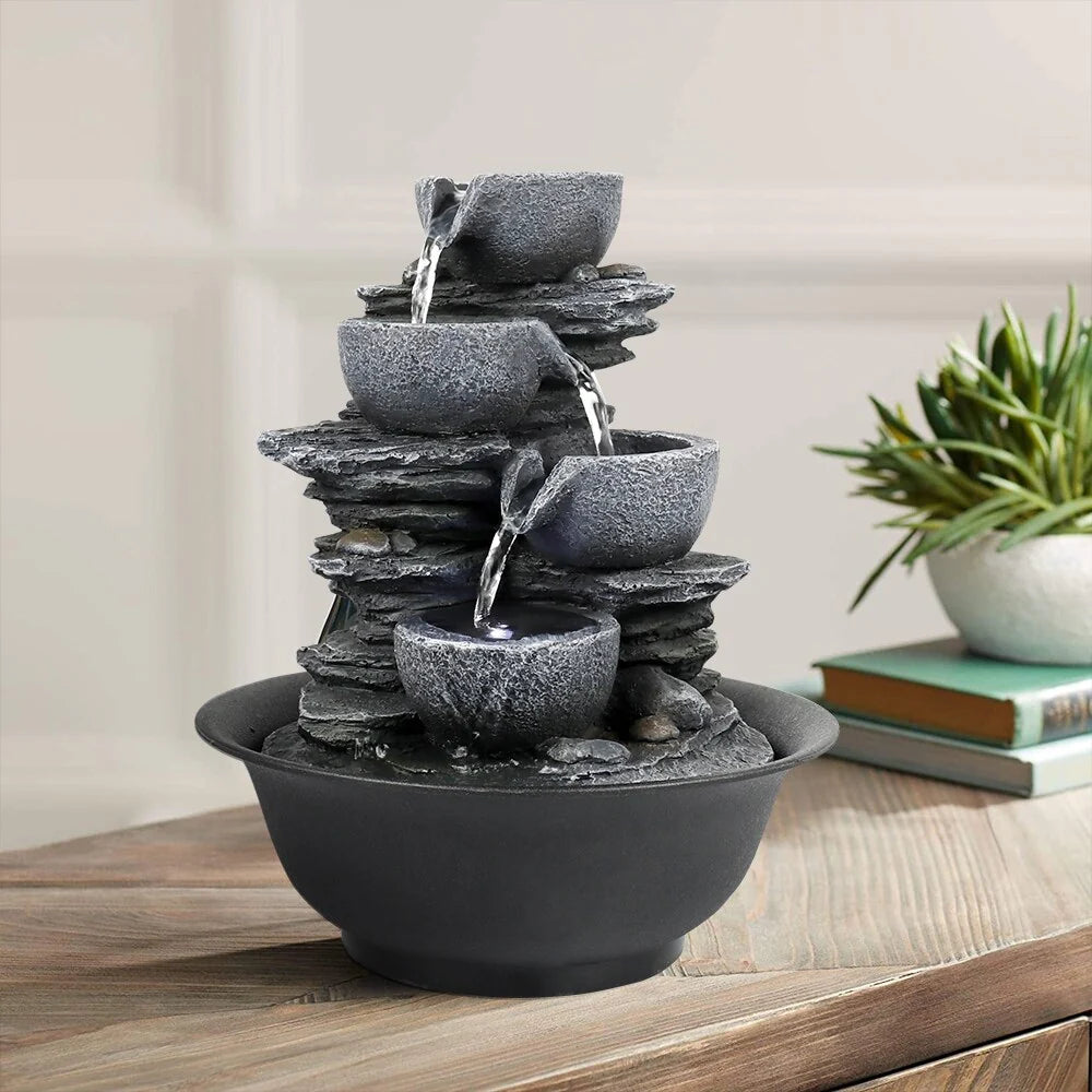 4-Tier Indoor Water Fountain – 7.8 x 7.8 x 10.6 in, Gray Resin