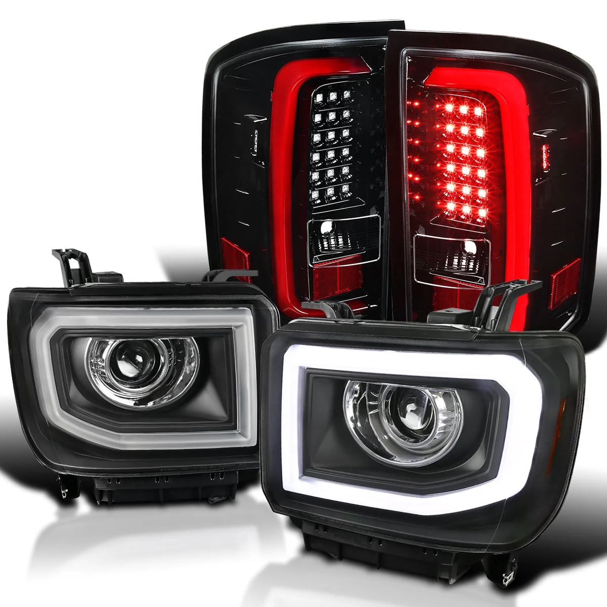 Spec-D Tuning Black LED Strip Projector Headlights With 6-LED Fog Lights – GMC Sierra 1500 Left + Right Pair