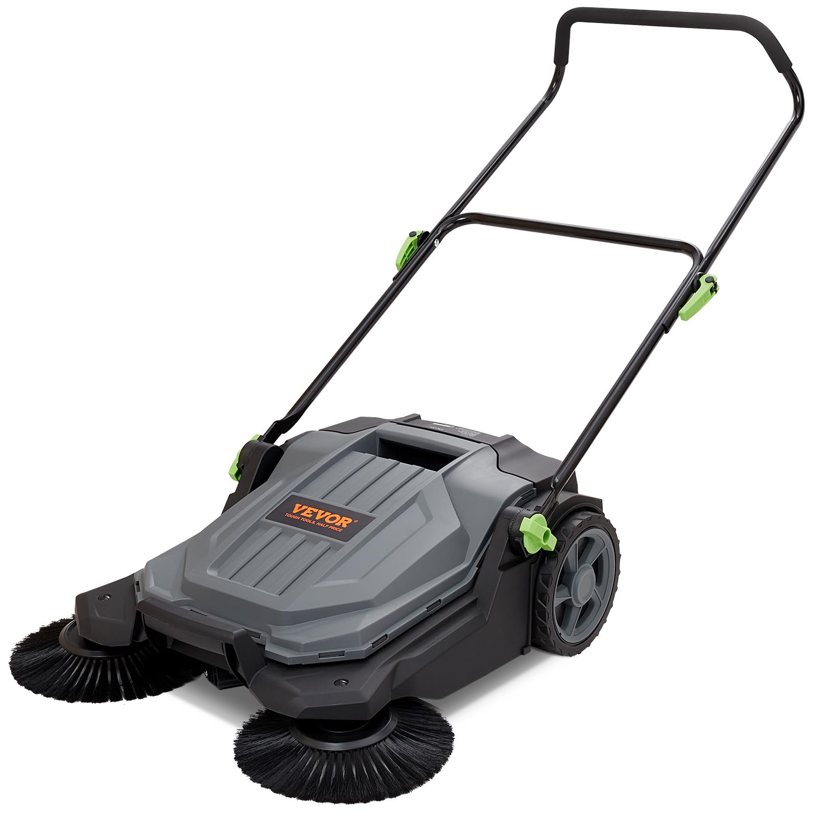 Walk-Behind Hand Push Floor Sweeper, 25.6-Inch Sweeping Path, 5-Gallon Waste Container