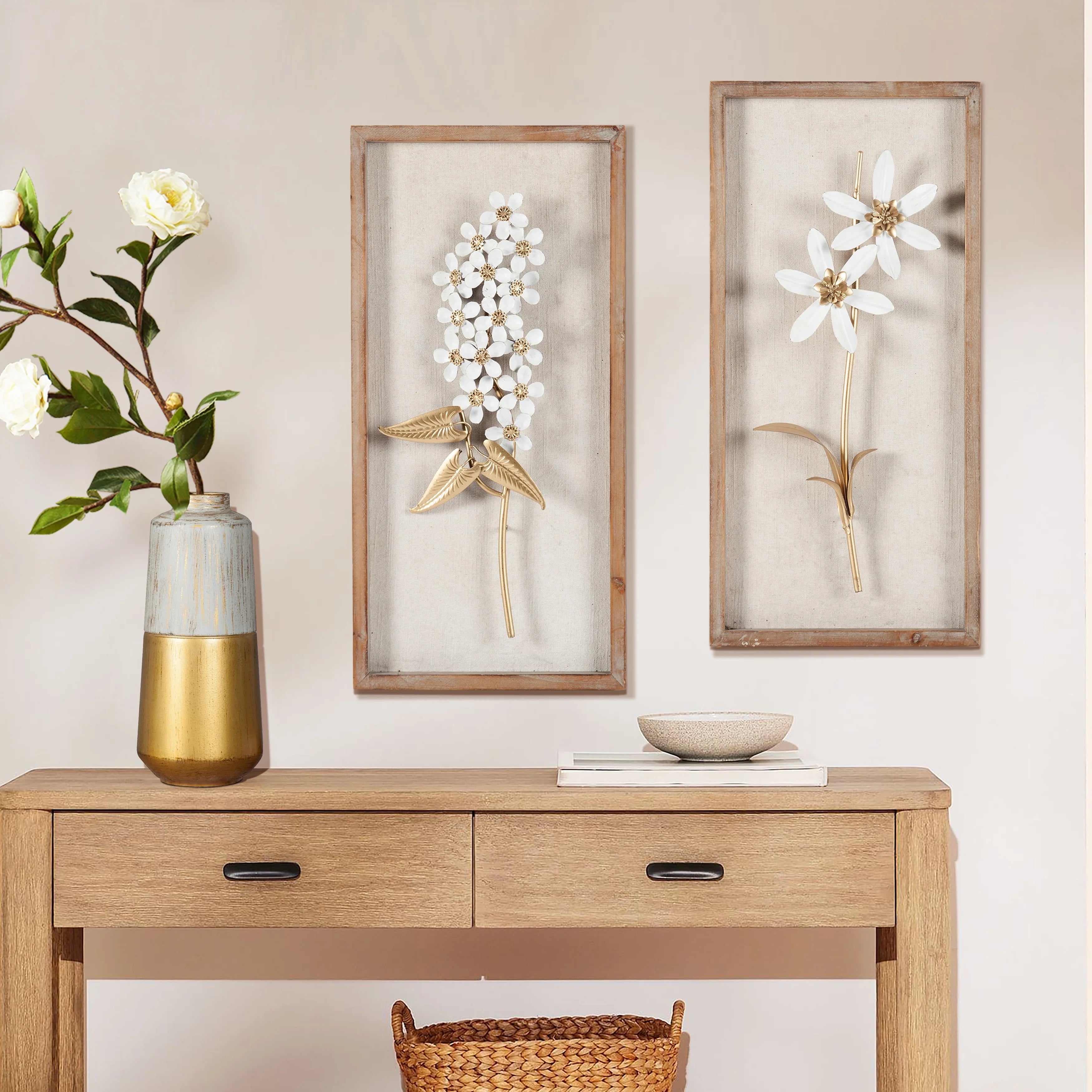Metal Flower Wall Decor With Wood Frames, White And Gold, Set Of 2 – 23.6in H x 11.81in W x 1.2in D