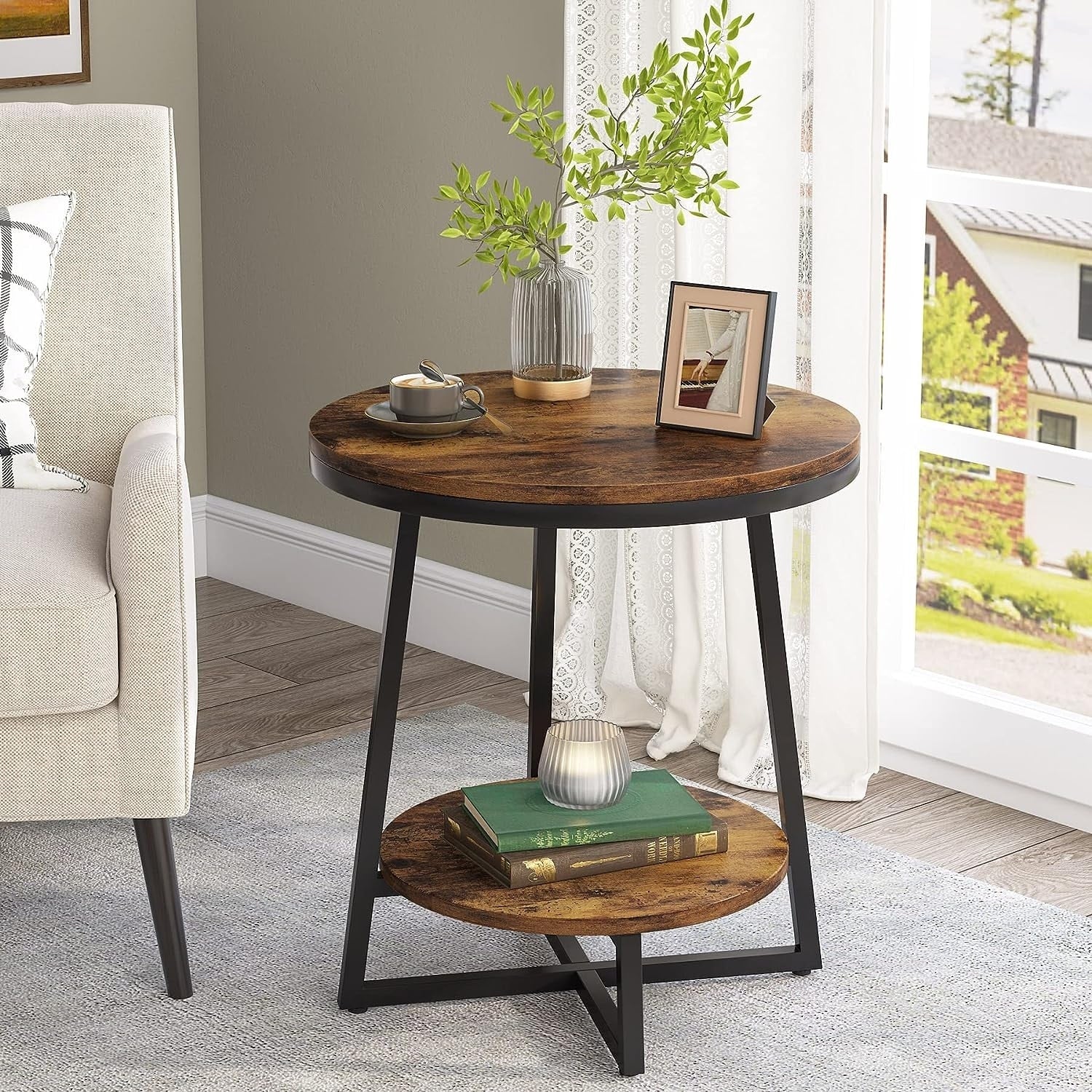 Industrial Round End Table With 2-Tier Storage