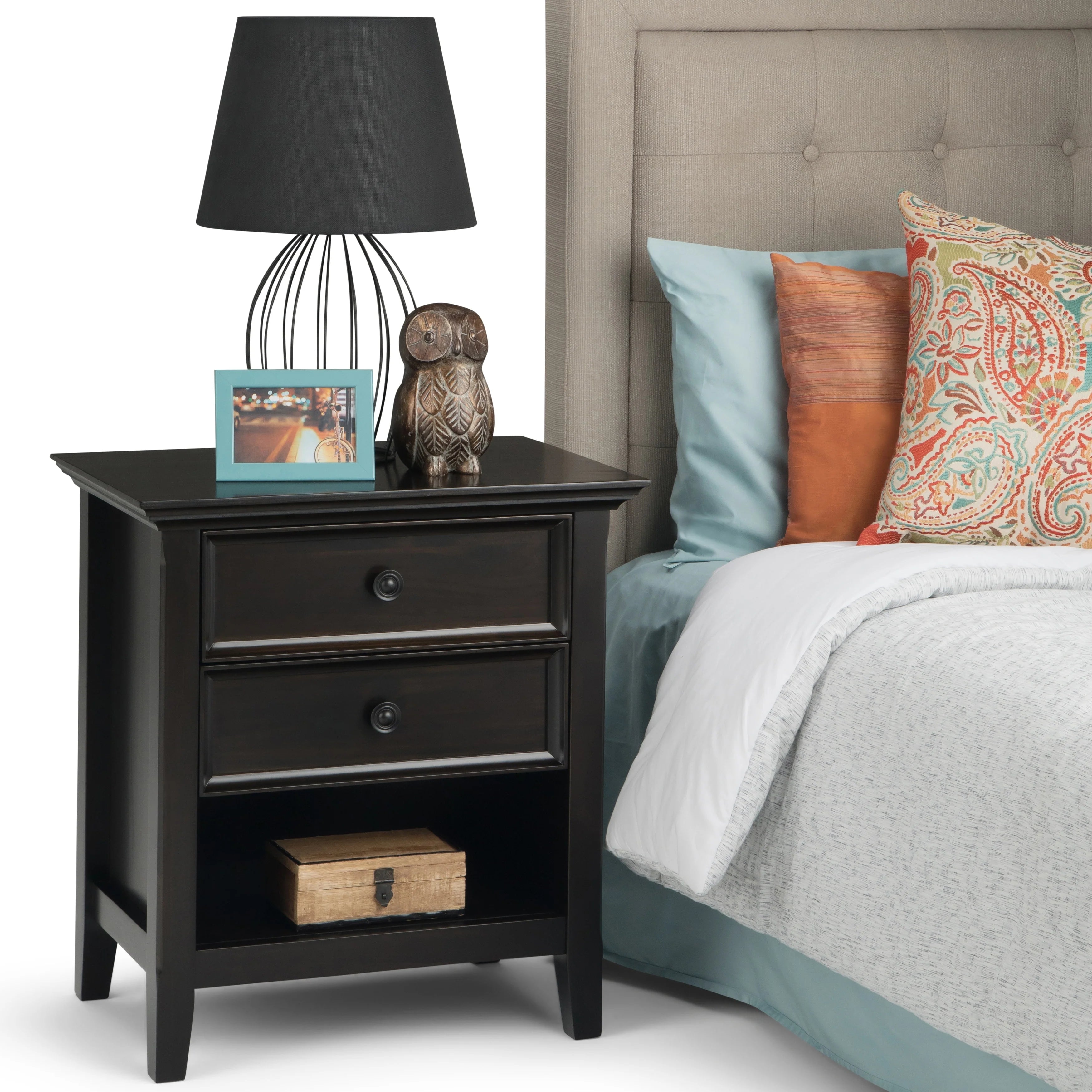 Solid Wood Nightstand With 2 Drawers And Open Shelf, 16 in D x 24 in W x 26 in H