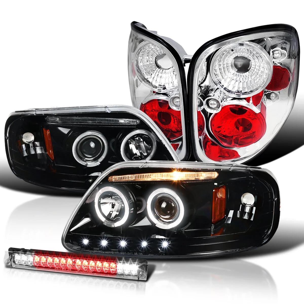 Spec-D Tuning Black LED Strip Projector Headlights With 6-LED Fog Lamps – Ford F150 Flareside 1997-2003, 04 Heritage