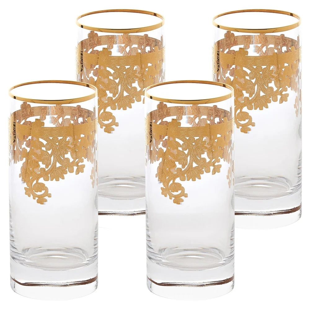 24K Gold Embellished Crystal Highball Tumblers, Set Of 4, 11 oz – Made In Italy