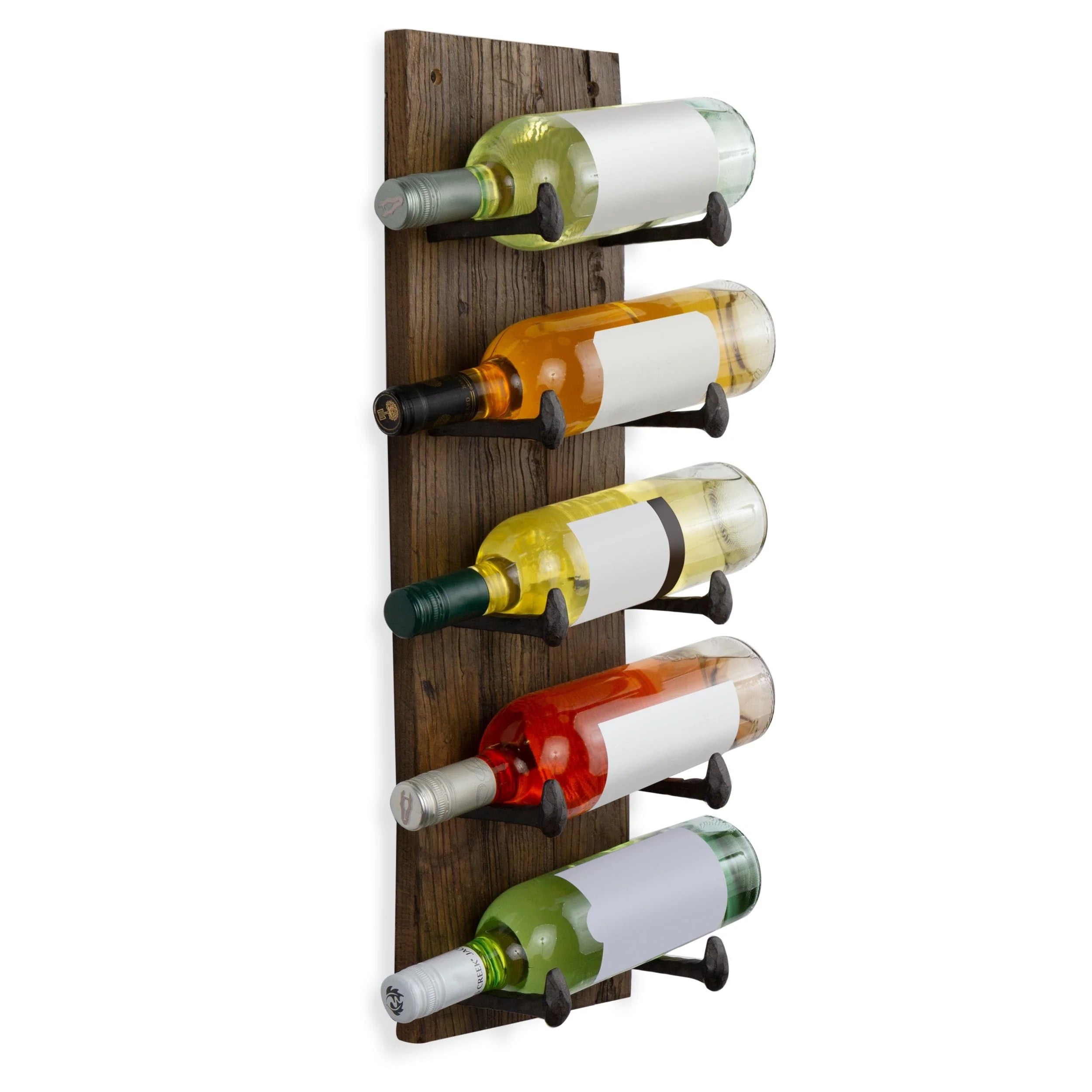 5 Bottle Wood Wall-Mounted Wine Rack, Walnut, 24in W – 10 Cast Iron Hooks