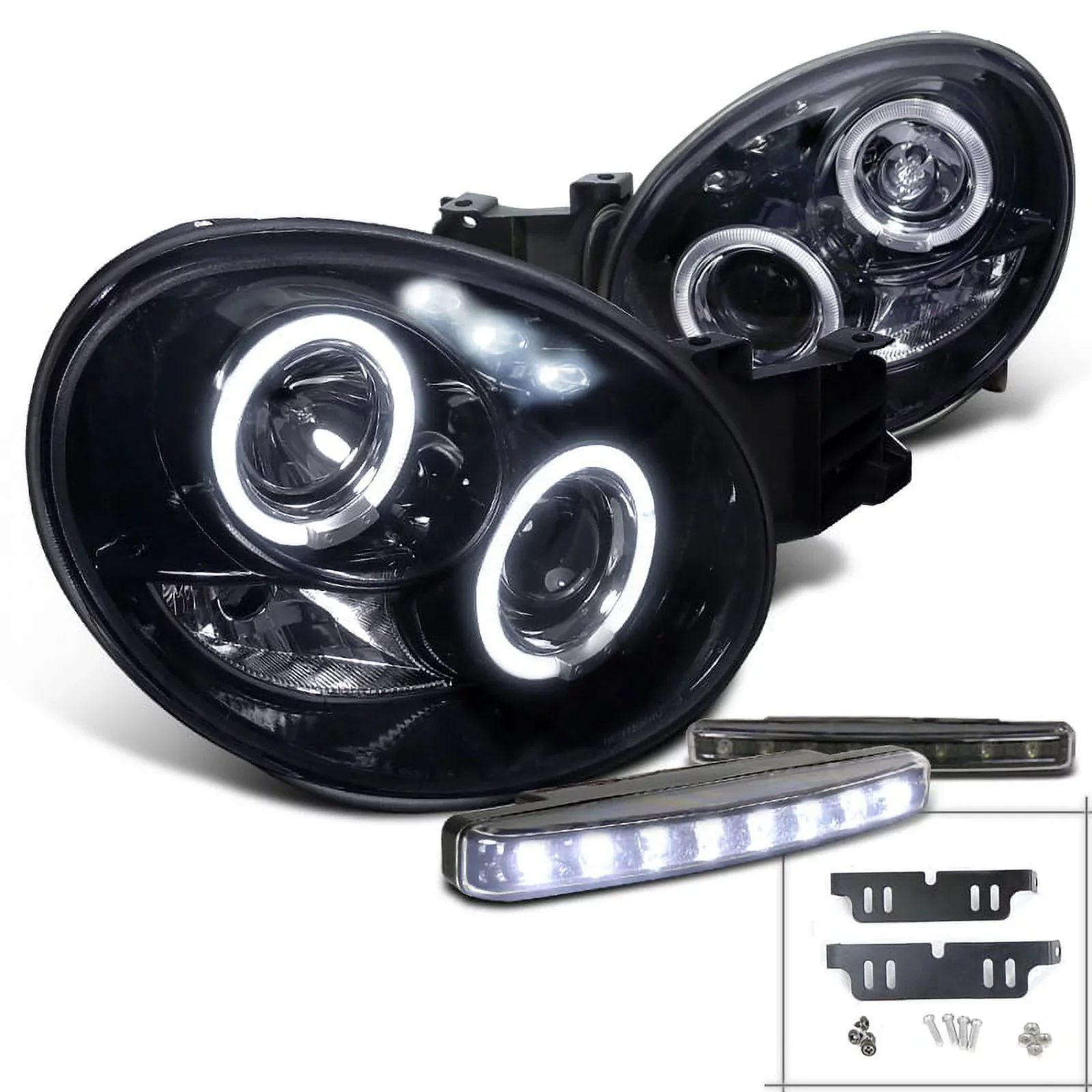 Spec-D Tuning Glossy Black Halo Projector Headlights With Bumper LED Fog Lamps – 2002-2003 Subaru Impreza Left + Right Pair