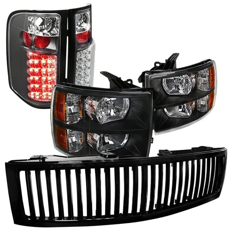 Spec-D Tuning Crystal Black Headlights, LED Tail Lamps And Black Grille For 2007-2013 Chevy Silverado 1500 Pickup