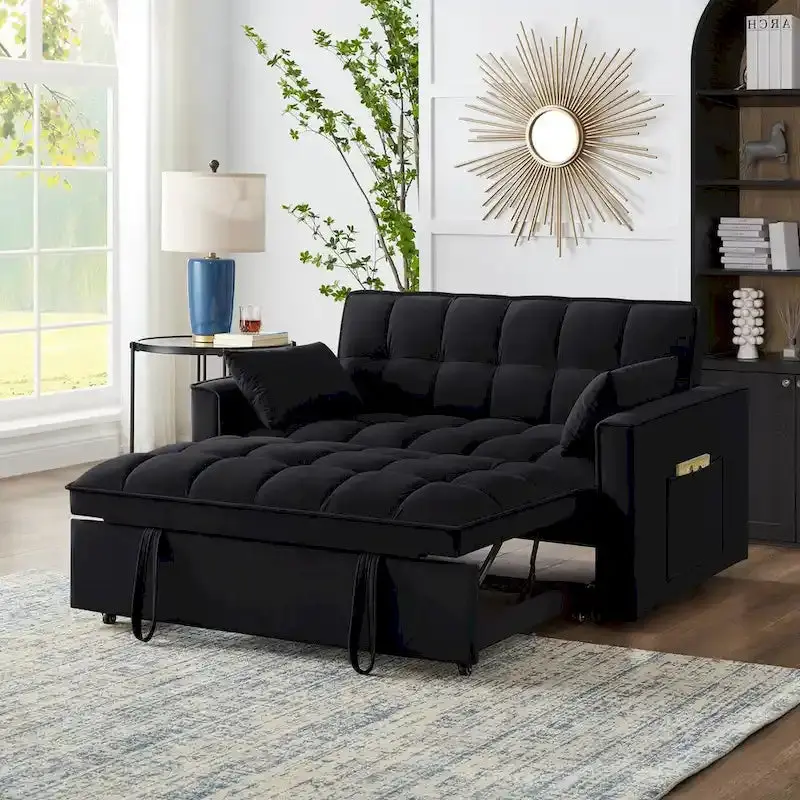 Velvet Pull-Out Sleeper Loveseat – Convertible Reclining Couch With Dual Side Storage Pockets