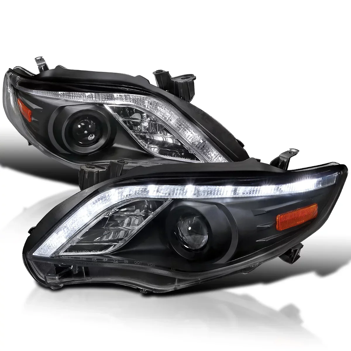 Spec-D Tuning Black Projector Headlights With LED Strip, Left And Right Pair – Toyota Corolla 2011-2013