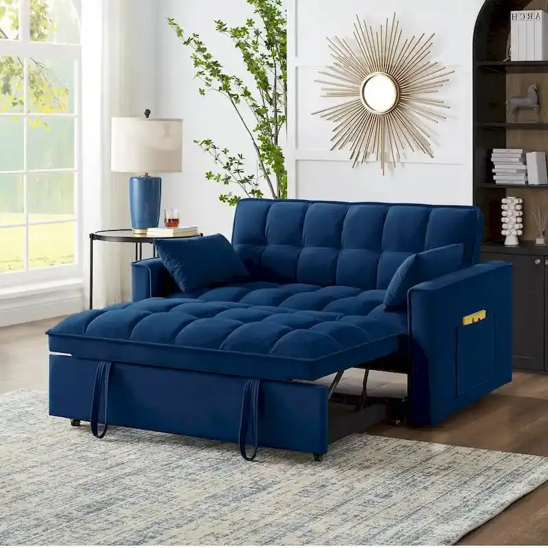 Tufted Loveseat Sofa Bed – Pull-Out Sleeper With Adjustable Backrest And Storage Pockets