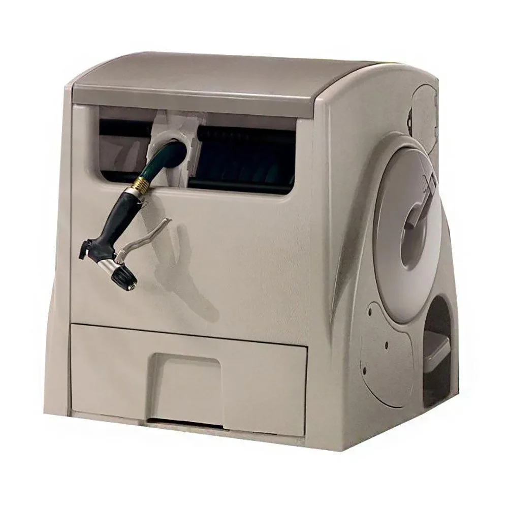 Powerwind Auto Power Rewind Hose Reel, 100 ft Capacity, Light Taupe