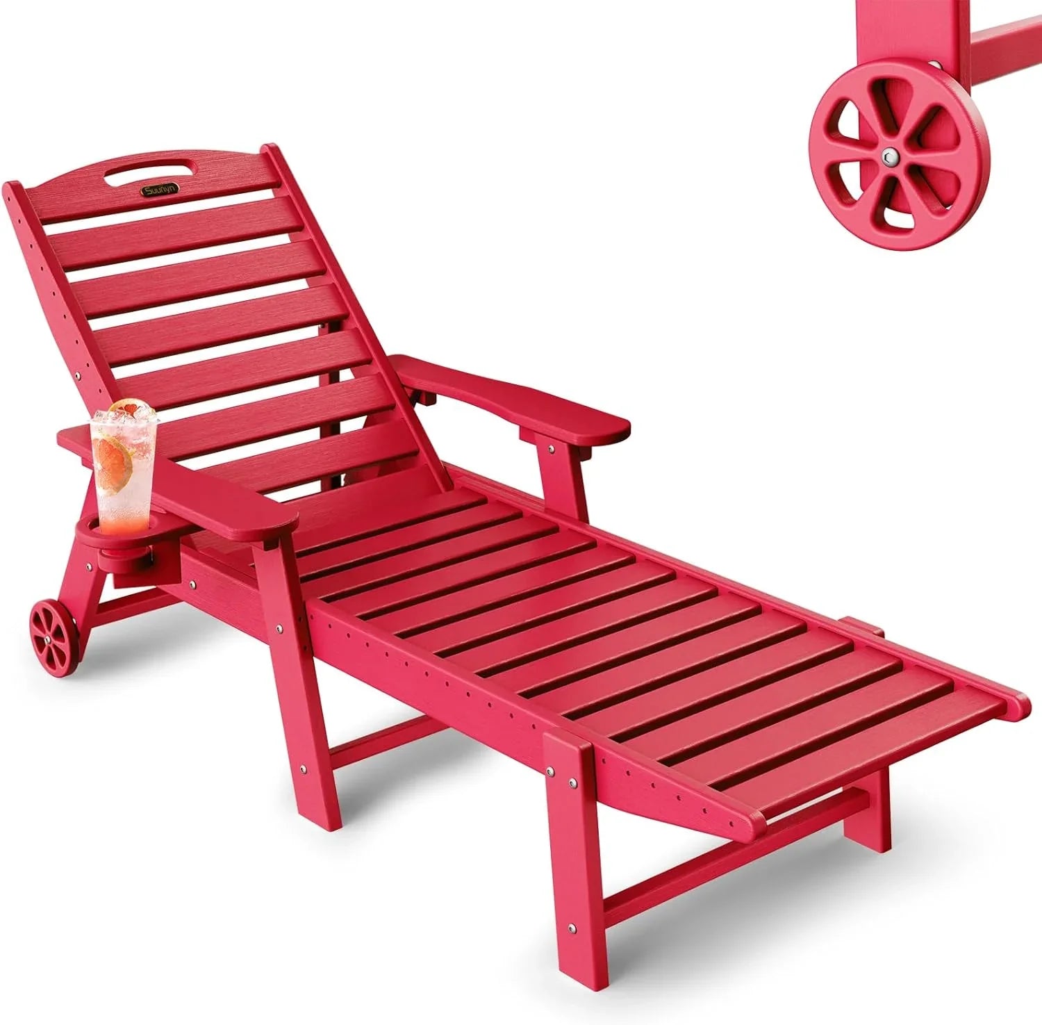 SUUNYN HDPE 6-Position Outdoor Chaise Lounge Chair With Wheels And Cup Holder – Teak