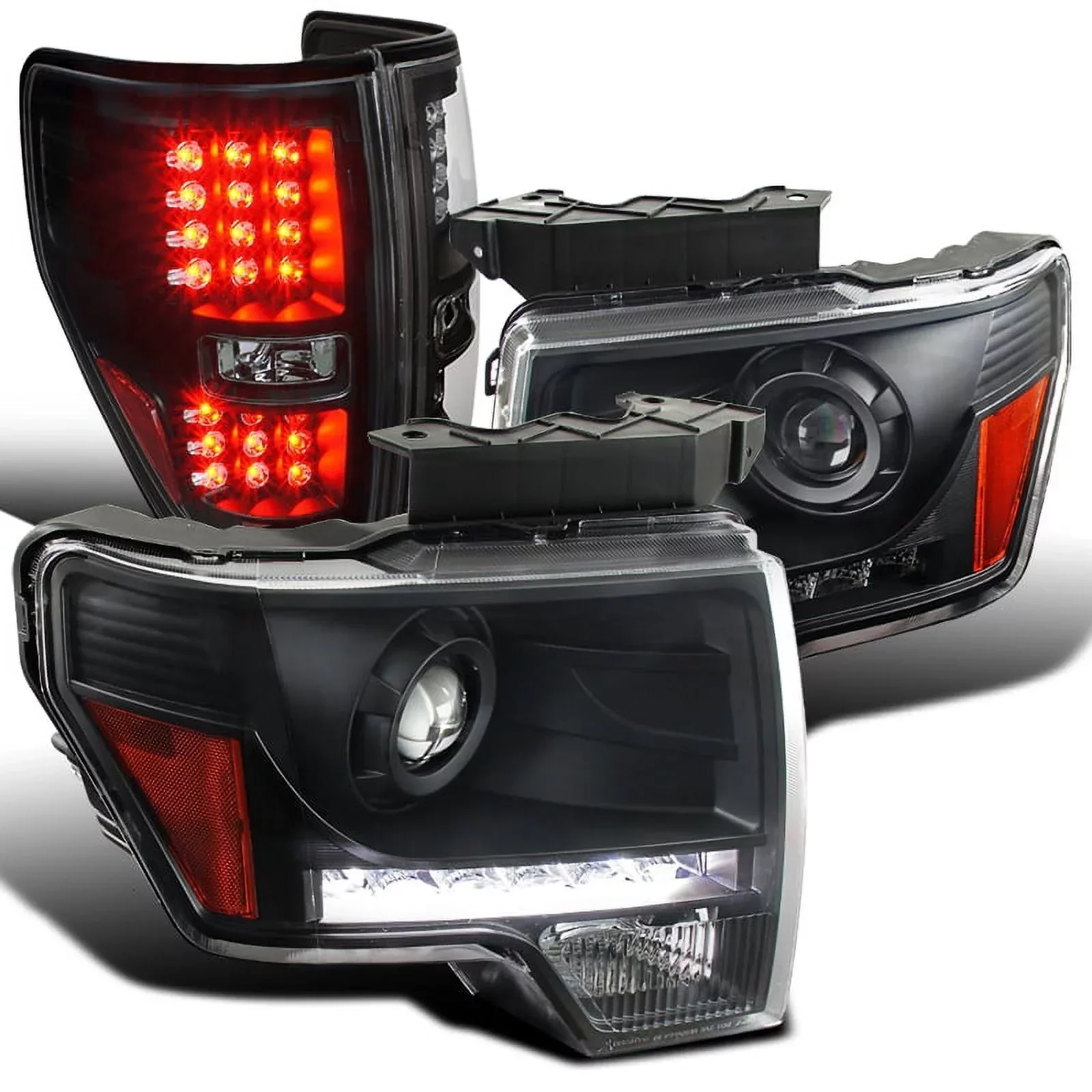 Spec-D Tuning Black LED Strip Bar Projector Headlights With LED Fog Lamps Compatible With 2009-2014 Ford F150 – Left And Right Pair