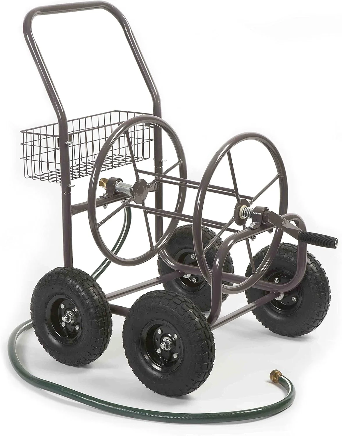 Residential Grade Four Wheel Steel Frame Water Hose Reel Cart With Basket, Brown Bronze – 250 Foot Capacity