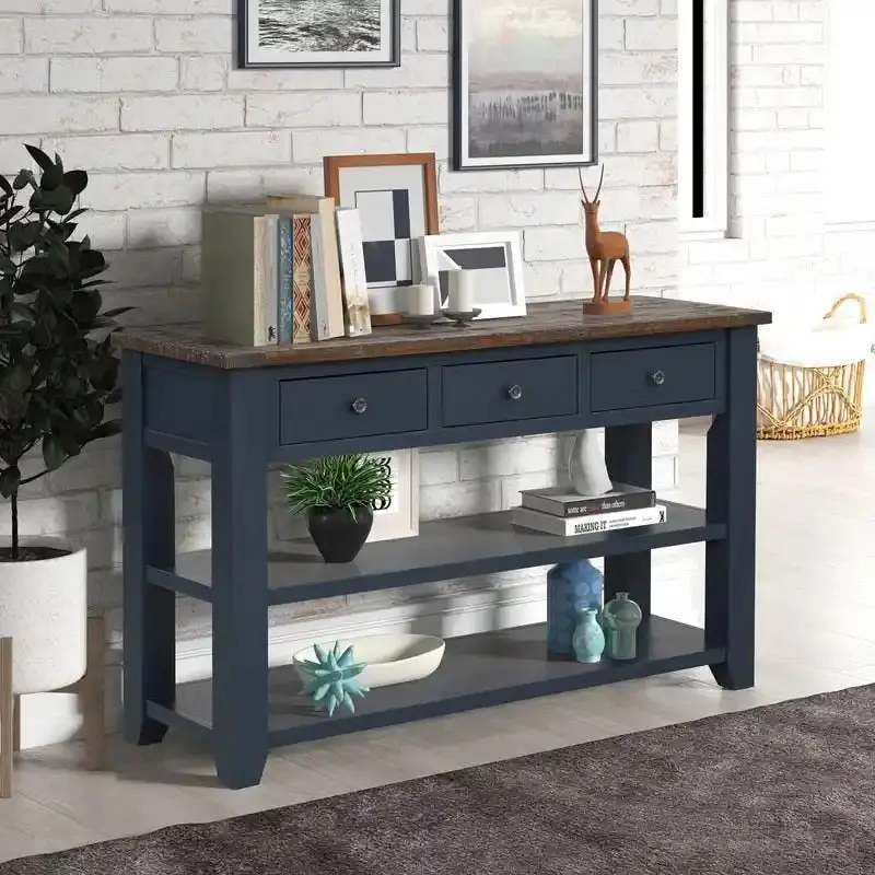 Rustic Wood Console Table With 3 Drawers And 2 Open Shelves – 29.92 H x 48.82 W x 15.75 D