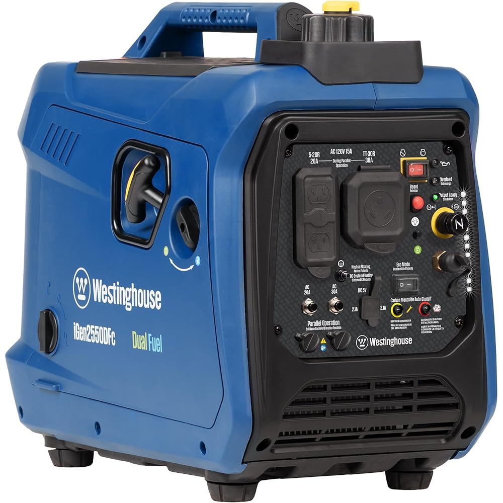 Westinghouse Dual Fuel Portable Inverter Generator, 2550 Peak Watt, 1900 Rated Watt, 30A RV Outlet – iGen2550DFc