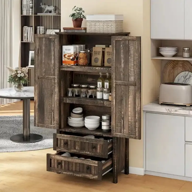Farmhouse Kitchen Pantry Cabinet With 2 Drawers And Adjustable Shelves – 64in Tall