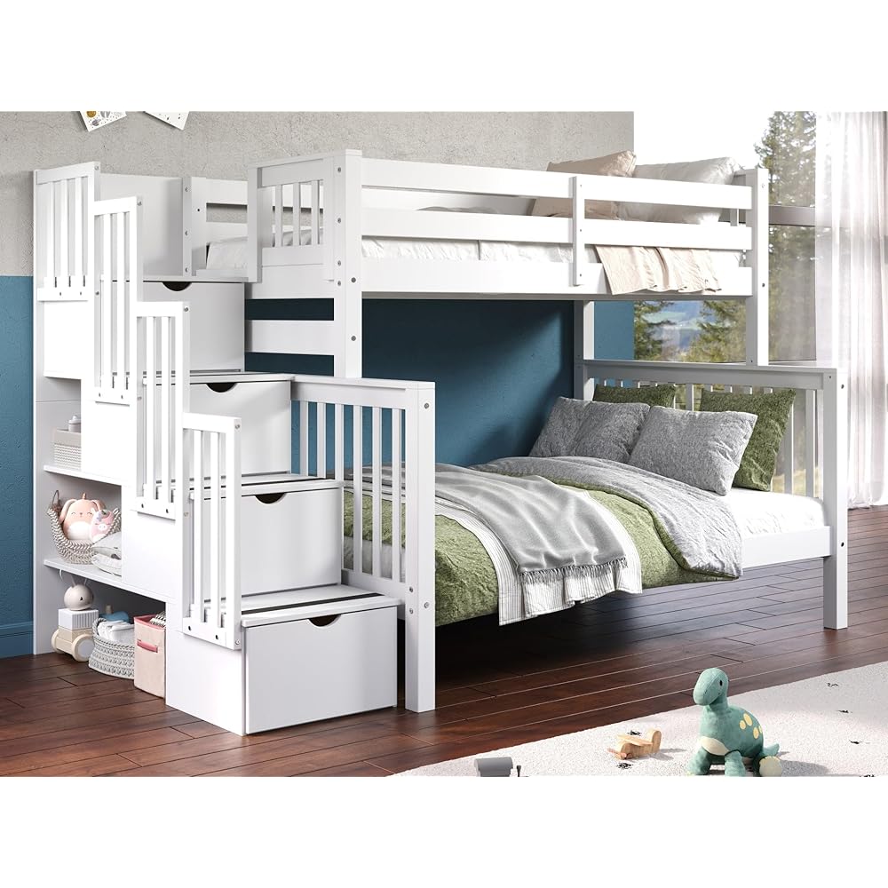 Bedz King Twin-Over-Full Solid Wood Bunk Bed With Stairway Drawers – White