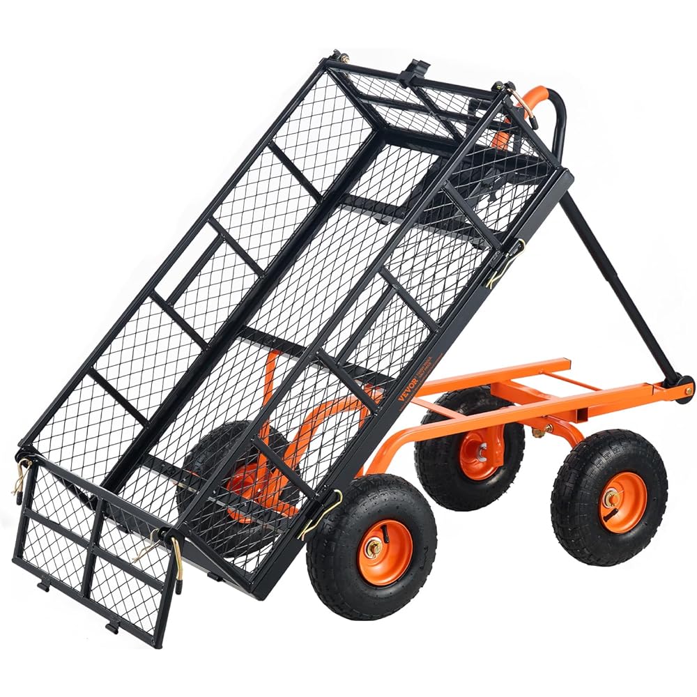 VEVOR Steel Garden Dump Cart, 880 lbs, 3.2 cu.ft, 10in Wheels, Black+Orange – 73.6in D x 21in W x 20.5in H