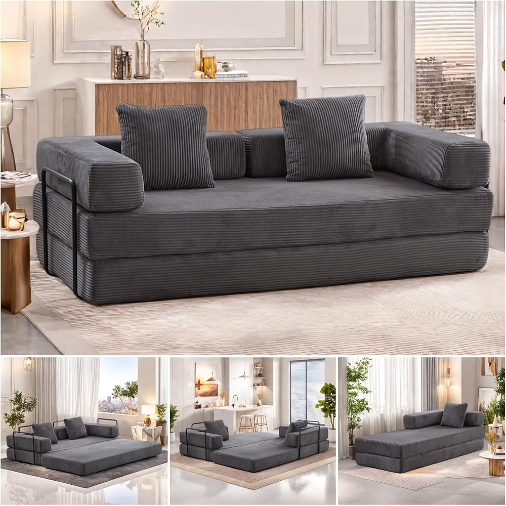 Trygoal Convertible Corduroy Floor Sofa Bed – Dark Gray