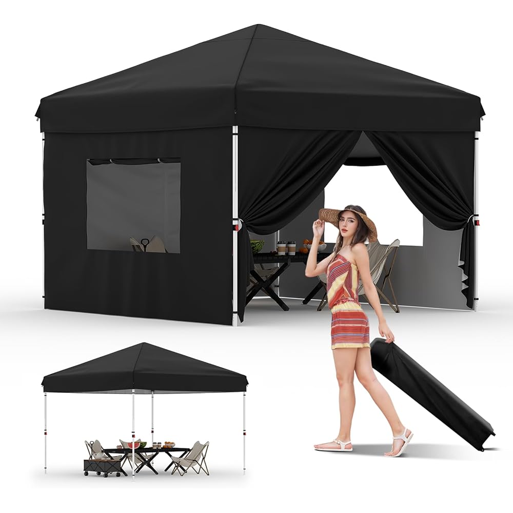 GarveeLife 10×10-Foot Pop-Up Canopy Tent With 4 Sidewalls – Black