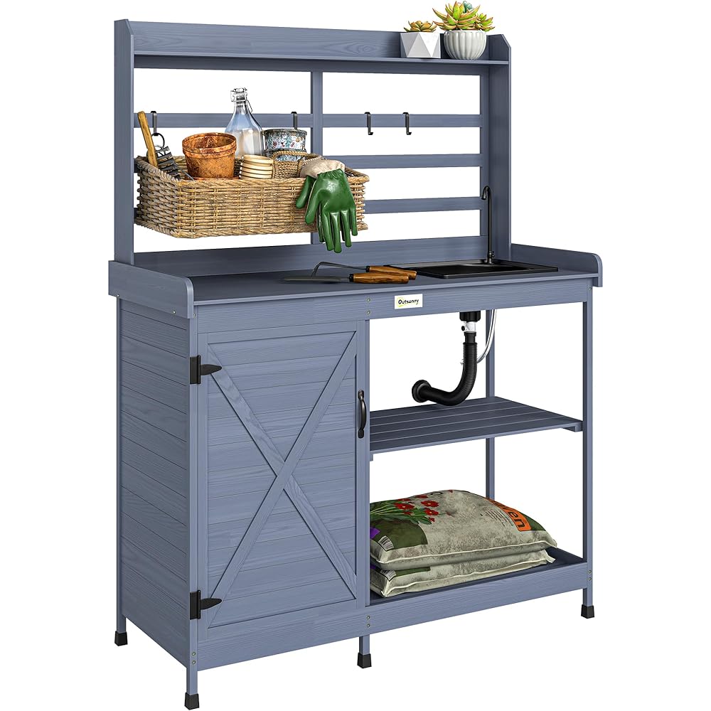 Outsunny Outdoor Wooden Potting Bench Table With Sink And Water Tap – Gray