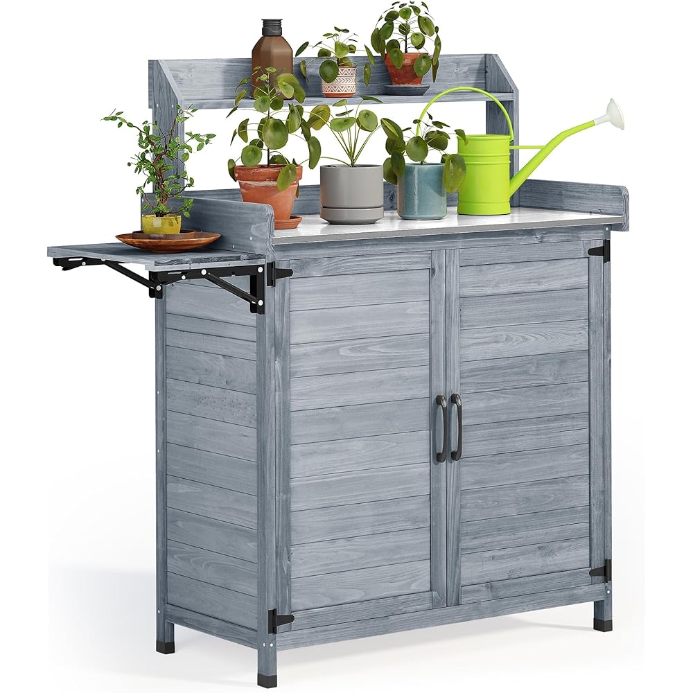 YITAHOME Solid Wood Potting Bench Table With Metal Tabletop – Grey