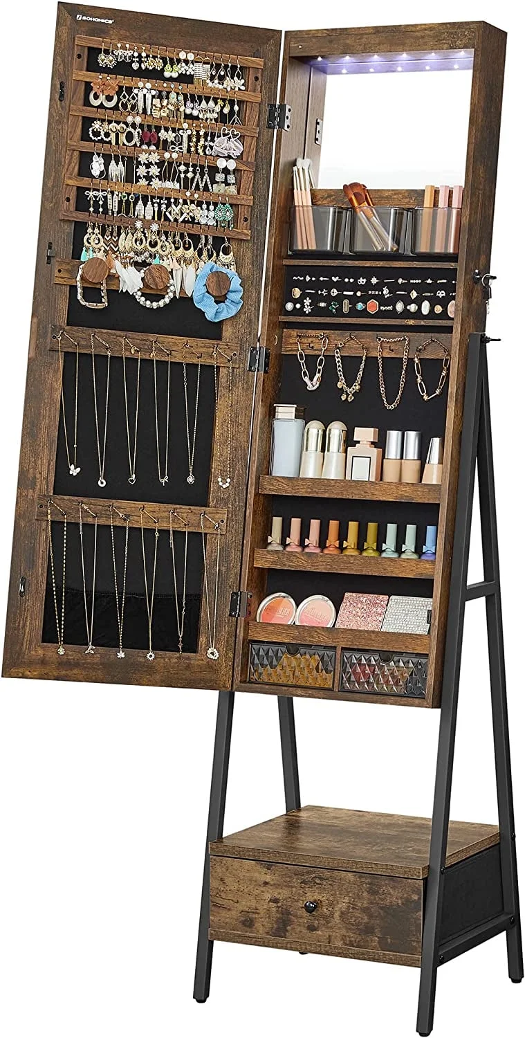SONGMICS LED Lockable Jewelry Armoire With Full-Length Mirror, Rustic Brown – 14.6in D x 16.3in W x 61.8in H