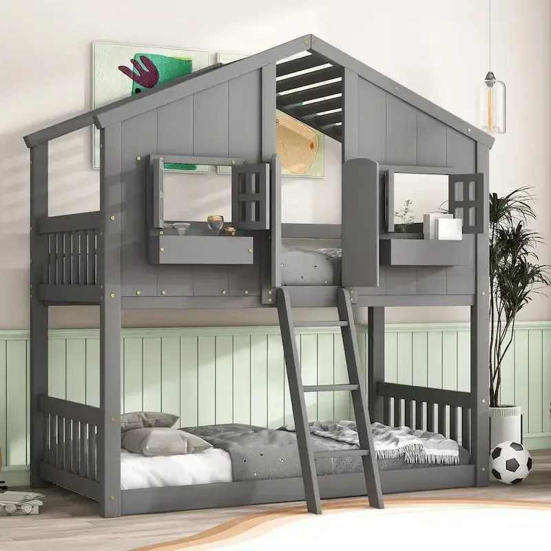 Twin-Over-Twin Playhouse-Style Bunk Bed – Grey With Roof, Window & Safety Rails