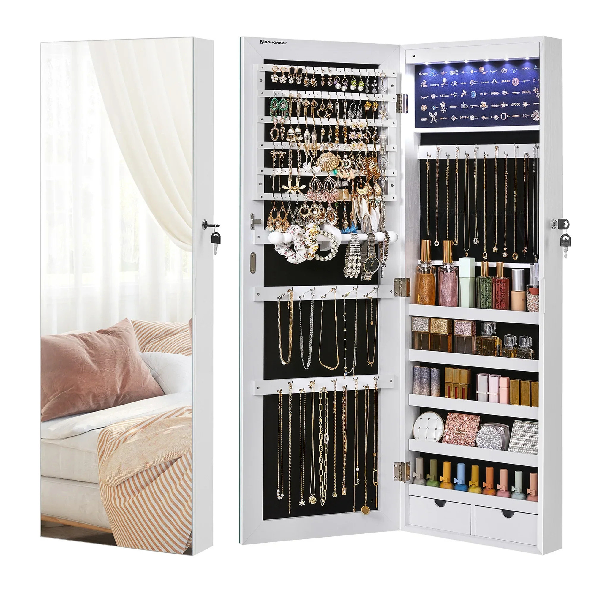 SONGMICS Wall Or Door Mounted Jewelry Cabinet With LED Interior Lights, Full-Length Mirror, White