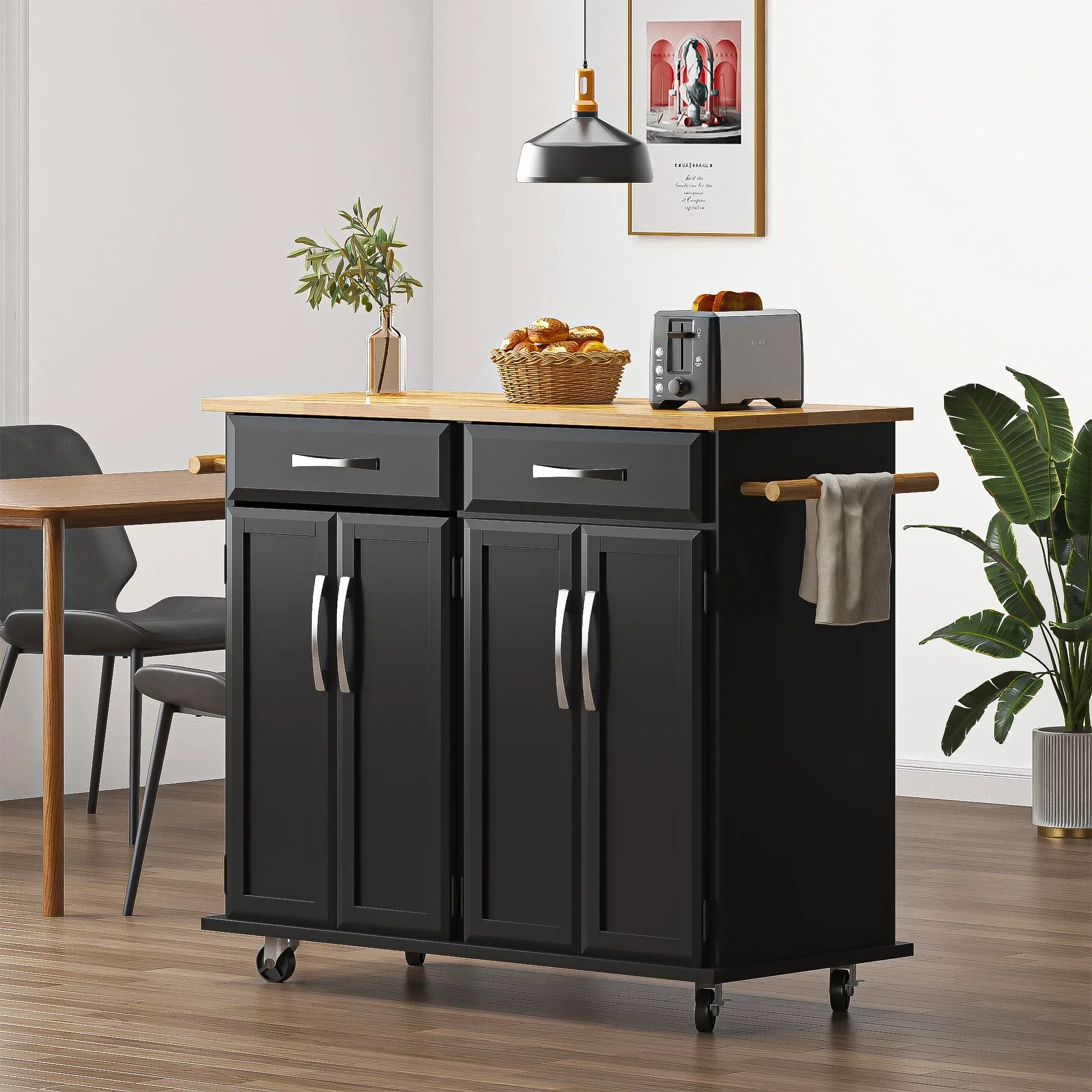 Soges Kitchen Island Rolling Cart With Hidden Cabinet, Adjustable Shelves And Towel Rails, Black – 41.5in