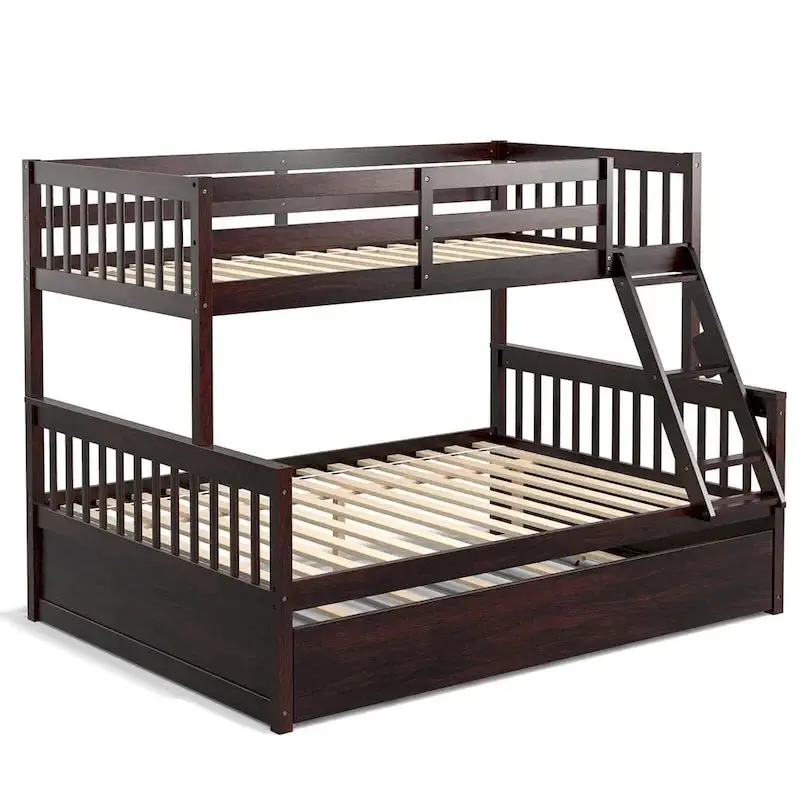 Gymax Twin-Over-Full Bunk Bed With Convertible Twin Trundle – Espresso/White